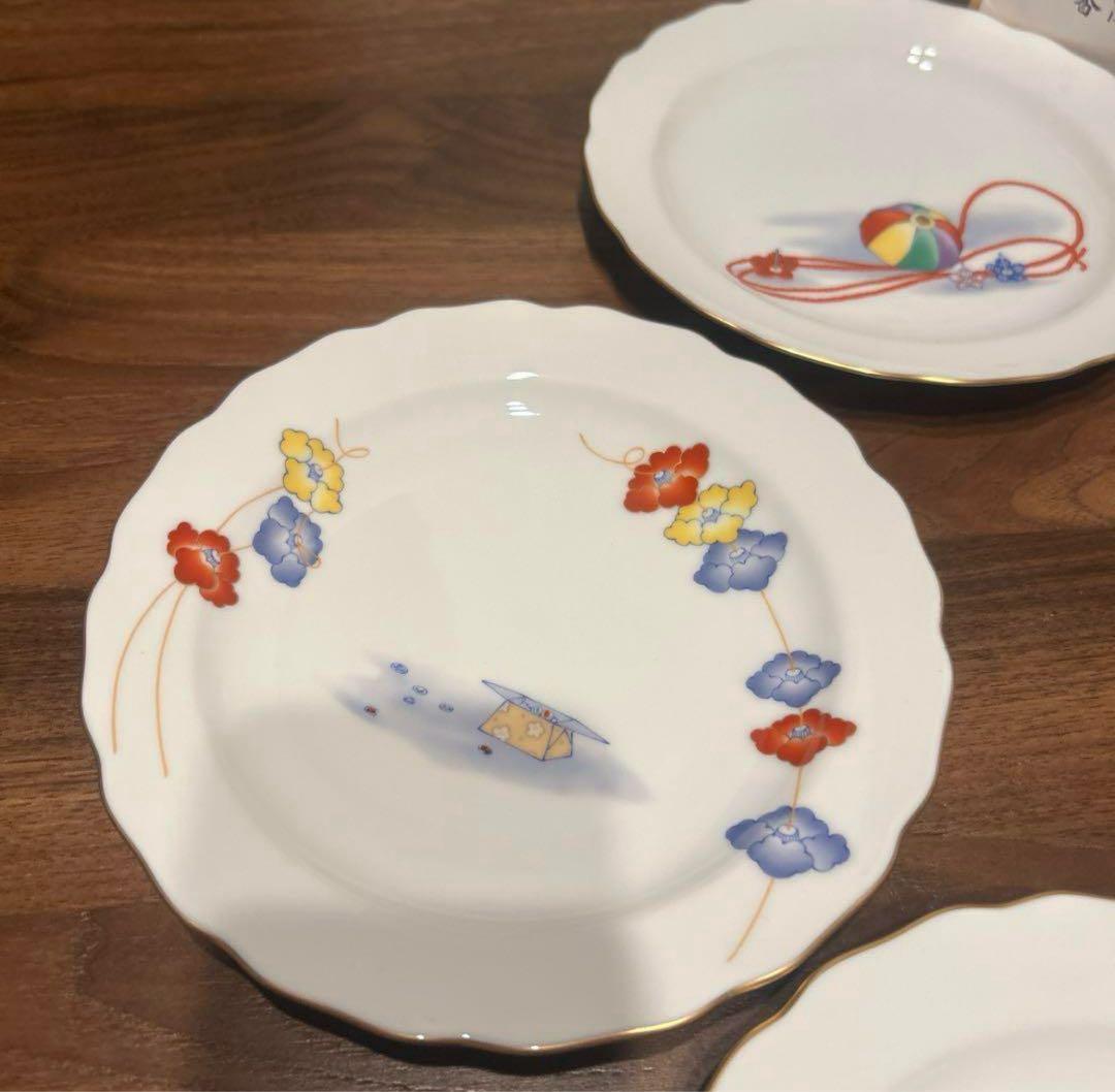 香蘭社 こどもあそび 金彩 絵変り 中皿 5枚 未使用品 木箱付