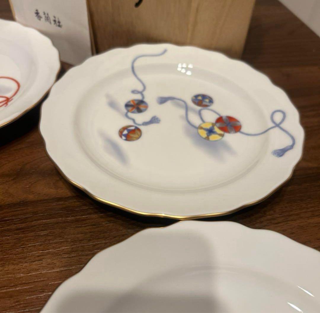 香蘭社 こどもあそび 金彩 絵変り 中皿 5枚 未使用品 木箱付