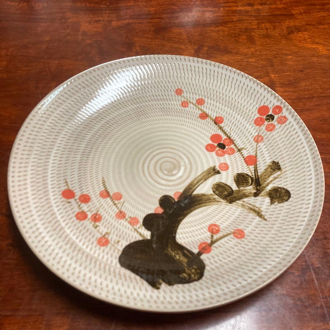 小石原びびり梅筆飾り小石原飛び鉋鉄絵梅文皿　大皿