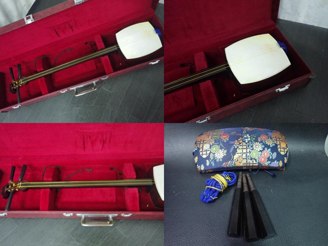 三味線　民謡　紅木　2段溝　裏面皮破れ