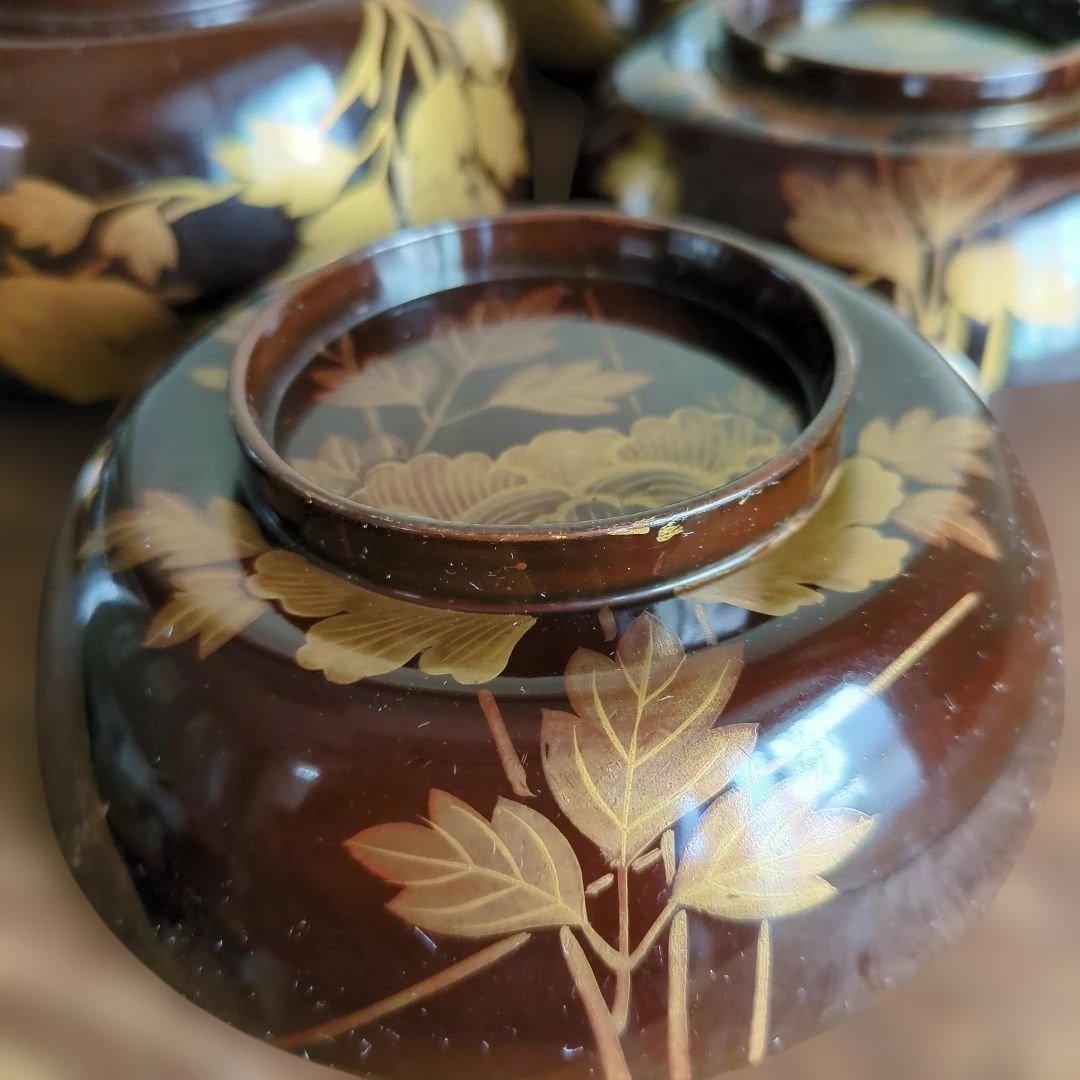 骨董　お椀　蓋付き　木製　漆器　蒔絵　煮物　雑煮　椀　5つ〜