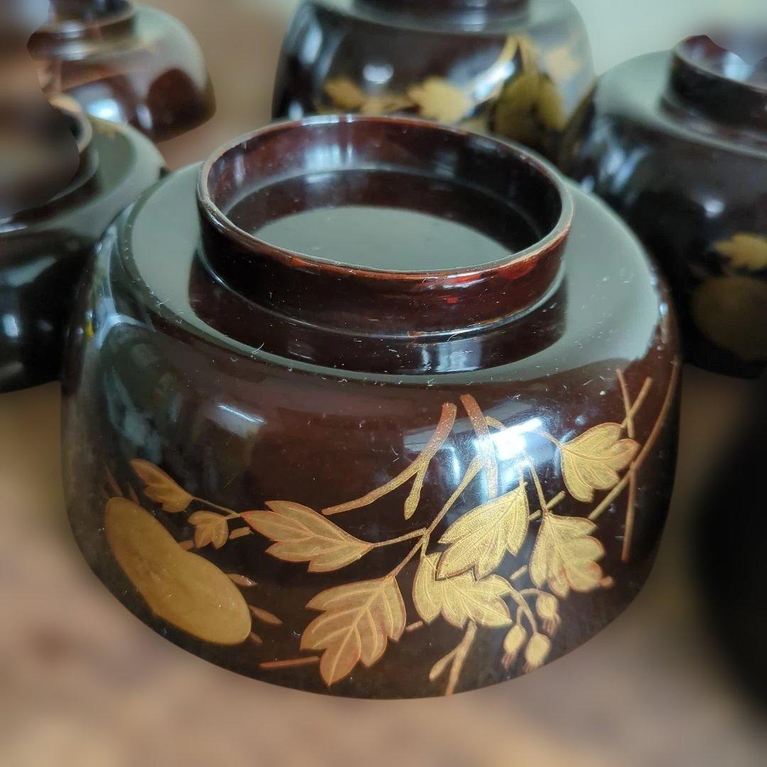 骨董　お椀　蓋付き　木製　漆器　蒔絵　煮物　雑煮　椀　5つ〜