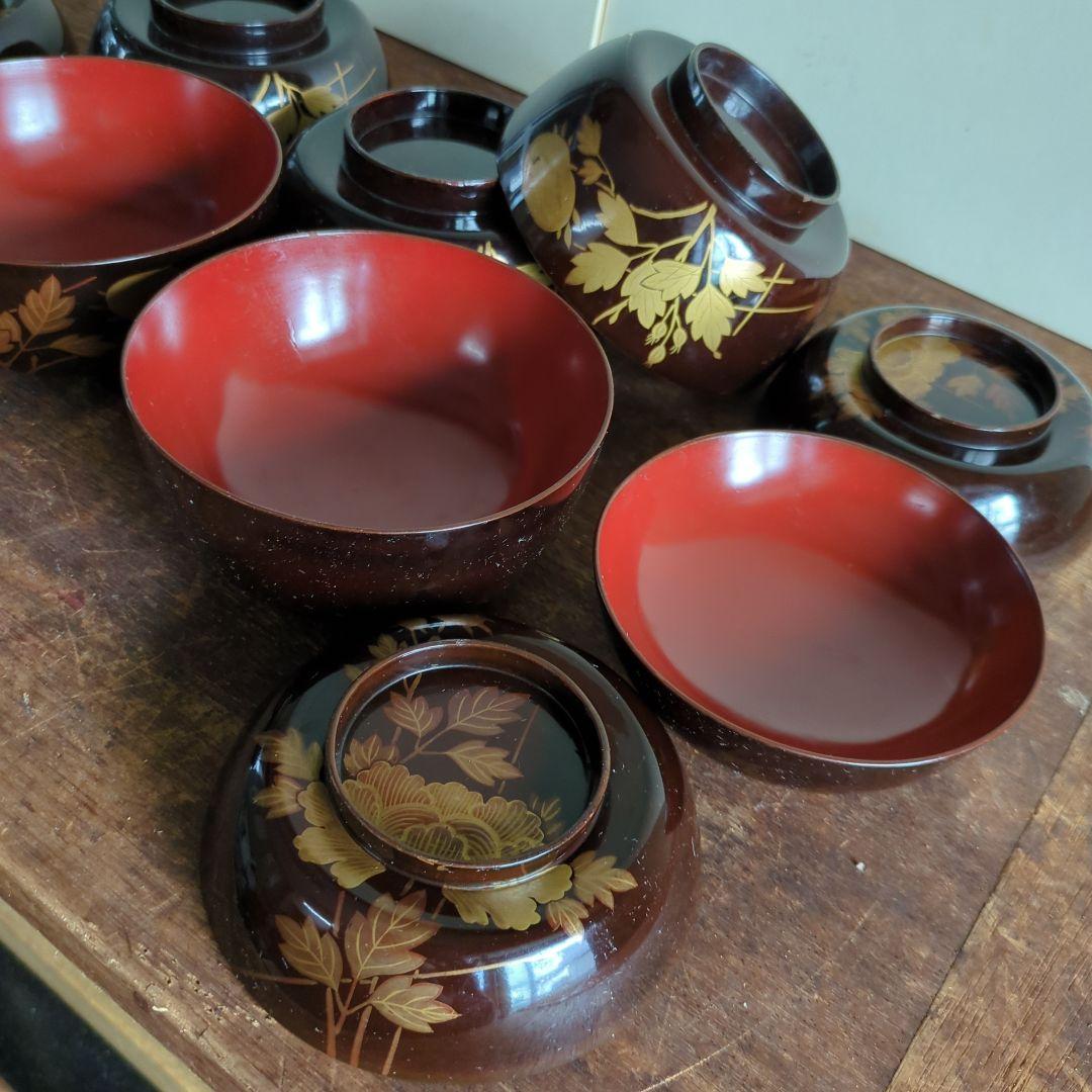 骨董　お椀　蓋付き　木製　漆器　蒔絵　煮物　雑煮　椀　5つ〜