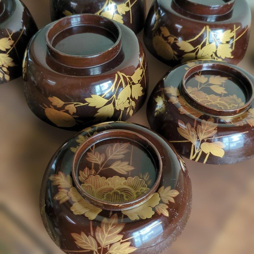 骨董　お椀　蓋付き　木製　漆器　蒔絵　煮物　雑煮　椀　5つ〜