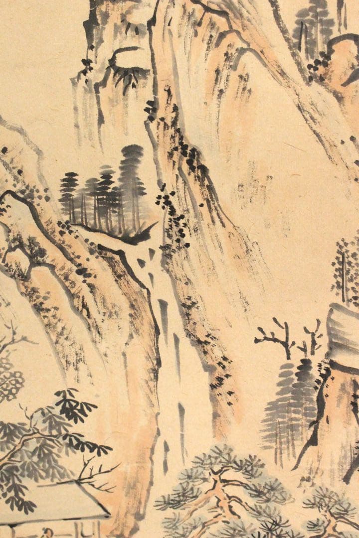 No5095 掛軸　在銘　藝文　山水図　紙本着色　合箱　中国画　古美術　送料無料