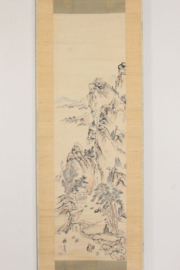 No5095 掛軸　在銘　藝文　山水図　紙本着色　合箱　中国画　古美術　送料無料