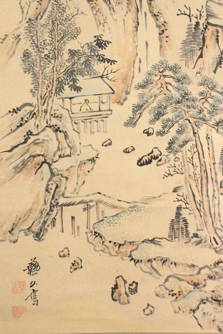 No5095 掛軸　在銘　藝文　山水図　紙本着色　合箱　中国画　古美術　送料無料