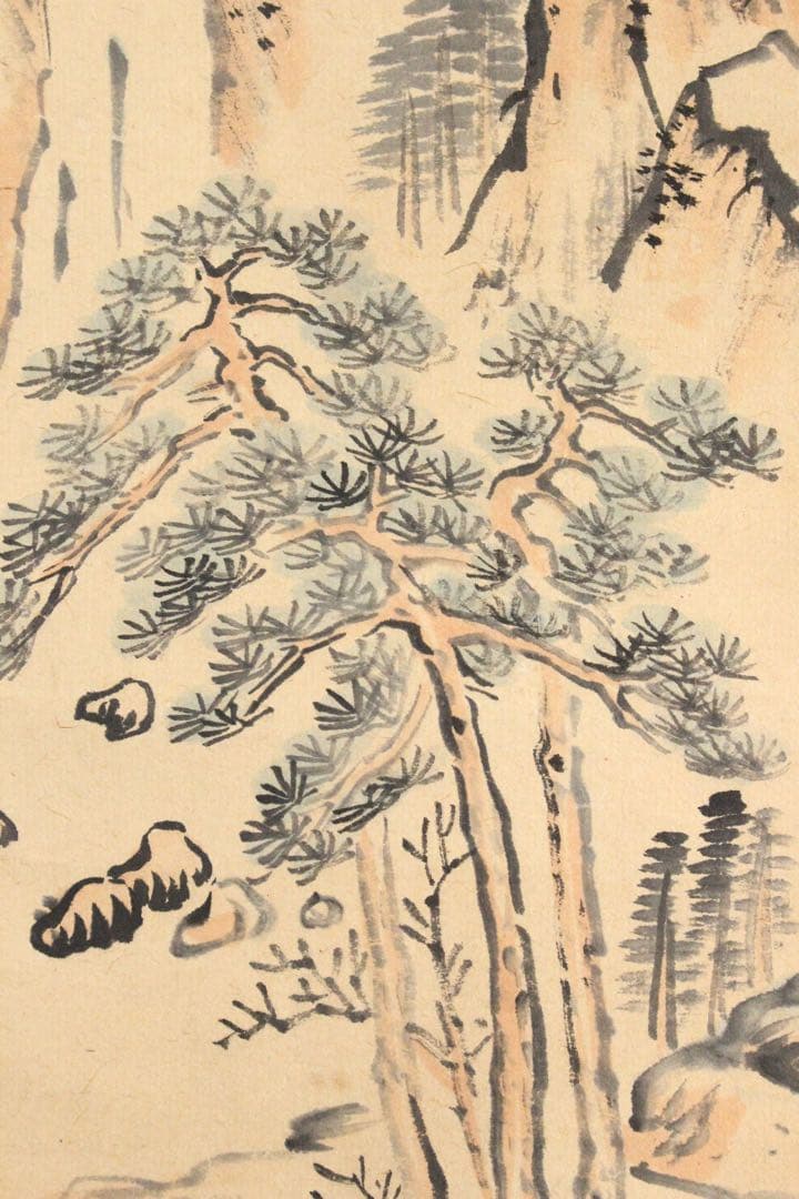 No5095 掛軸　在銘　藝文　山水図　紙本着色　合箱　中国画　古美術　送料無料