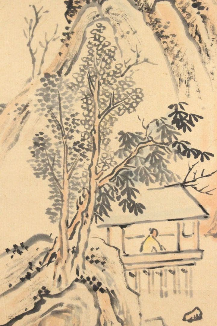 No5095 掛軸　在銘　藝文　山水図　紙本着色　合箱　中国画　古美術　送料無料