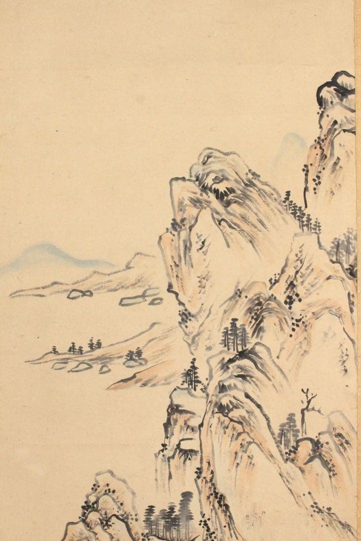 No5095 掛軸　在銘　藝文　山水図　紙本着色　合箱　中国画　古美術　送料無料