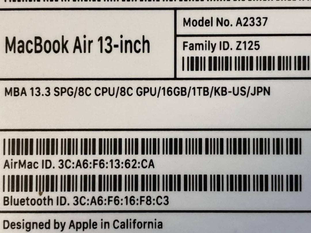 MacBook Air M1 16GB 1TB US配列 2021 １３インチ