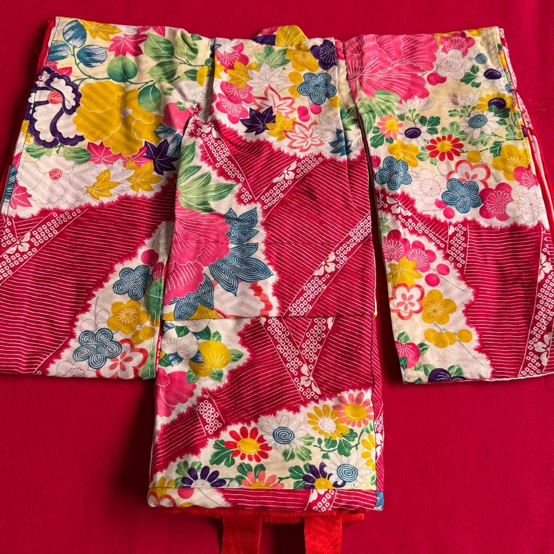 市松人形 12、3号(45cm)サイズの着物　比翼仕立て　赤黄色　牡丹紅葉梅