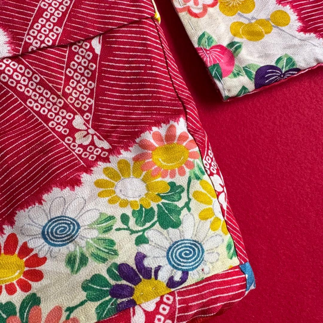 市松人形 12、3号(45cm)サイズの着物　比翼仕立て　赤黄色　牡丹紅葉梅