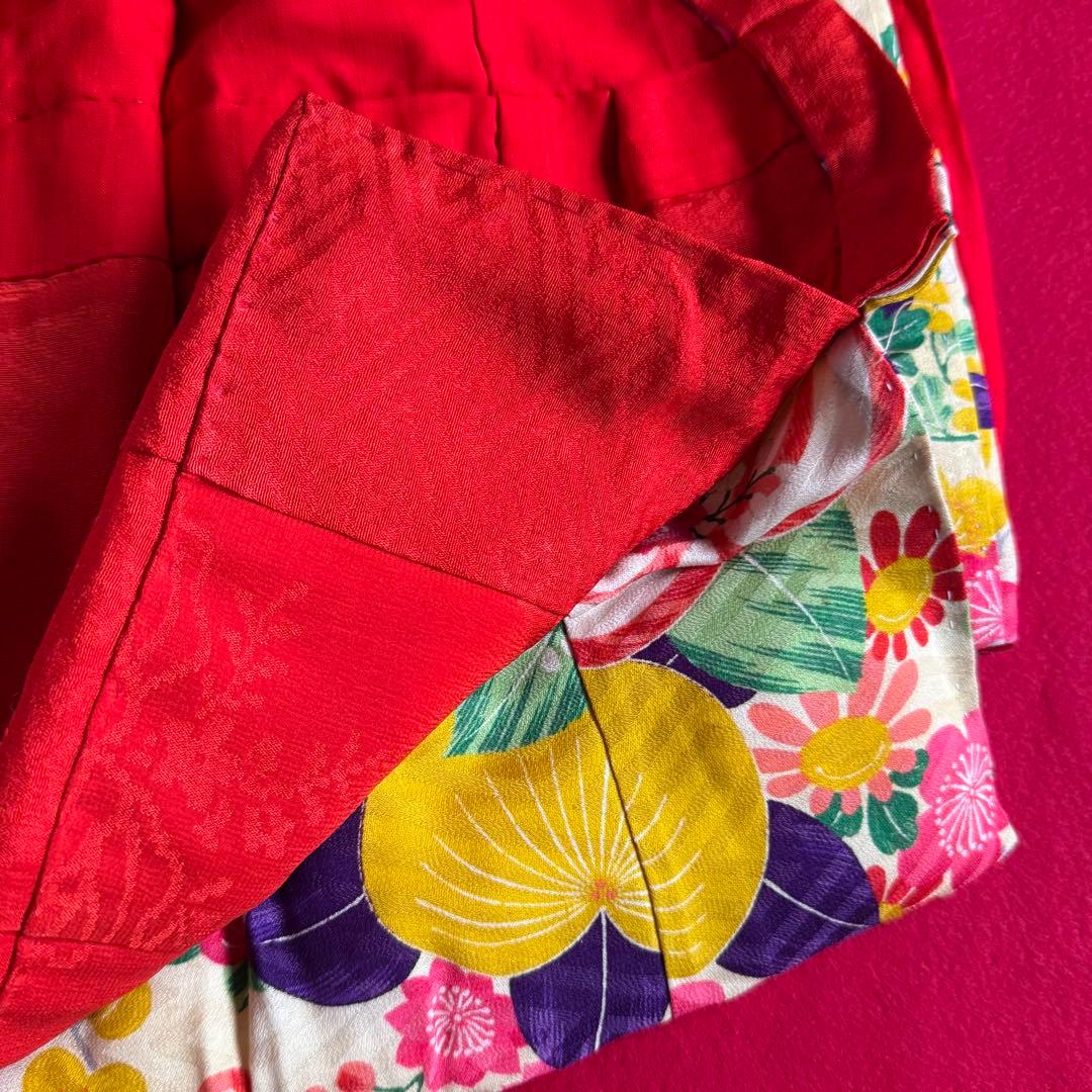 市松人形 12、3号(45cm)サイズの着物　比翼仕立て　赤黄色　牡丹紅葉梅