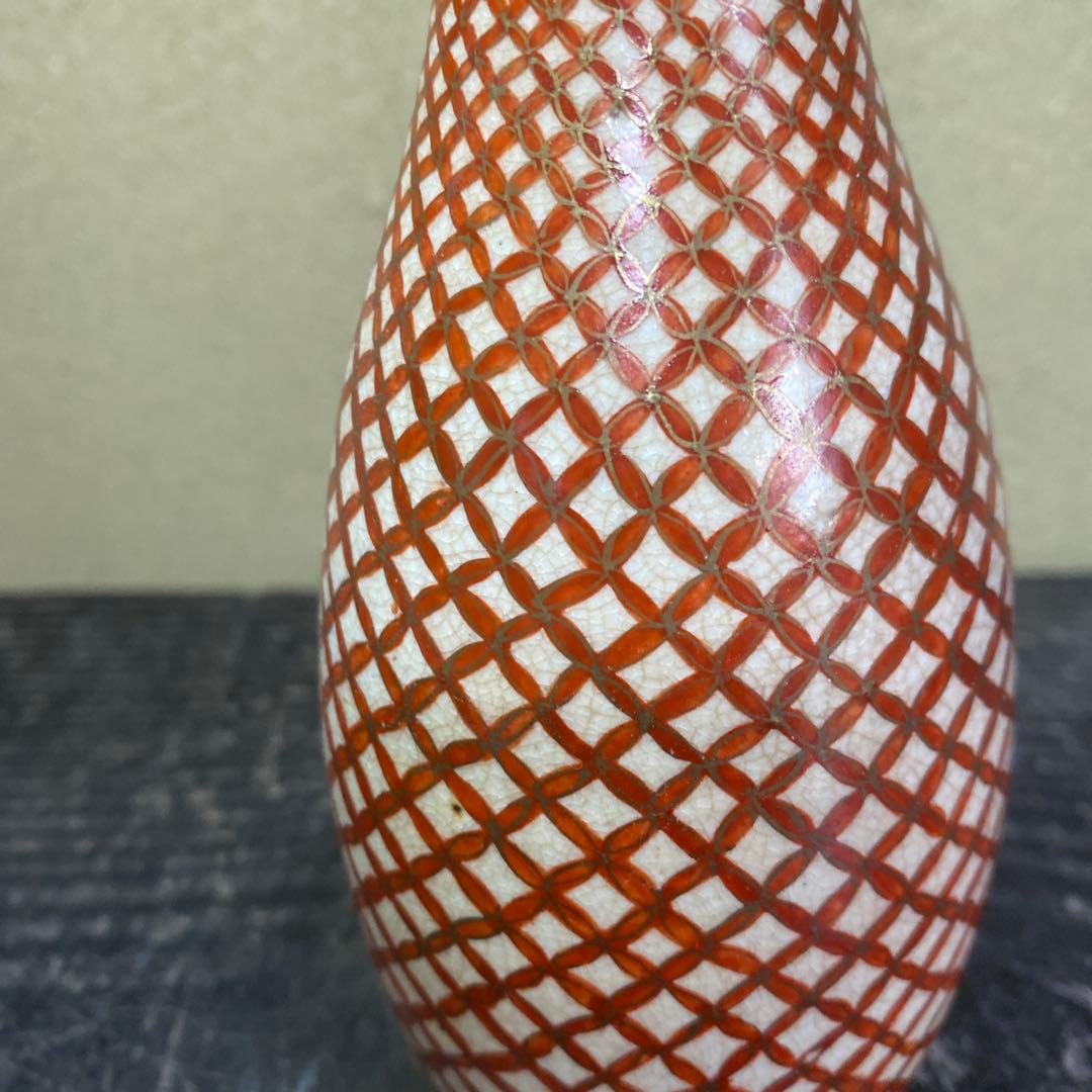古九谷　赤絵七宝繋徳利　7cm16cm