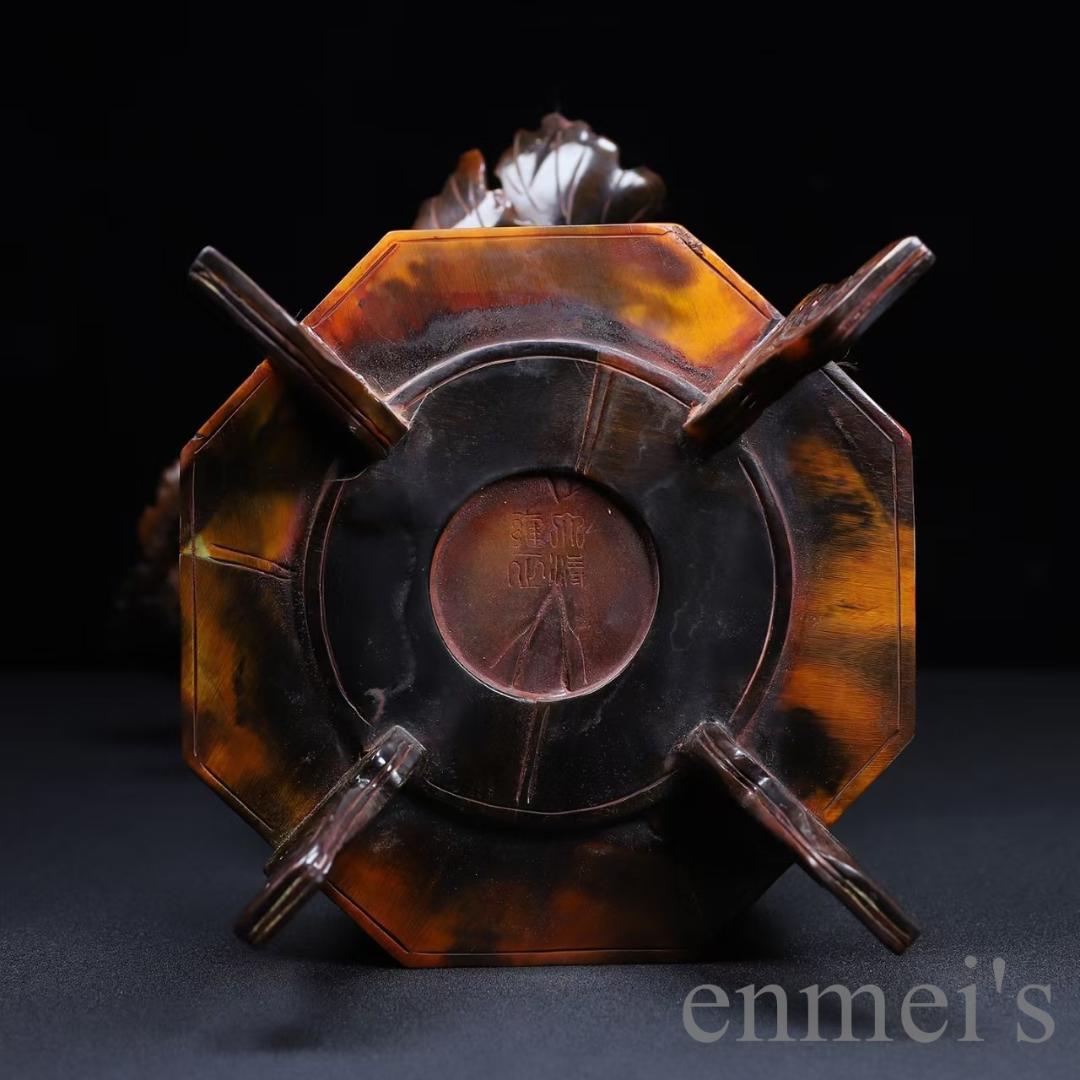 中国古美術『珍藏 牛角彫刻 蓮花観音像置物』大型 仏教美術 極細工 古玩 骨董品