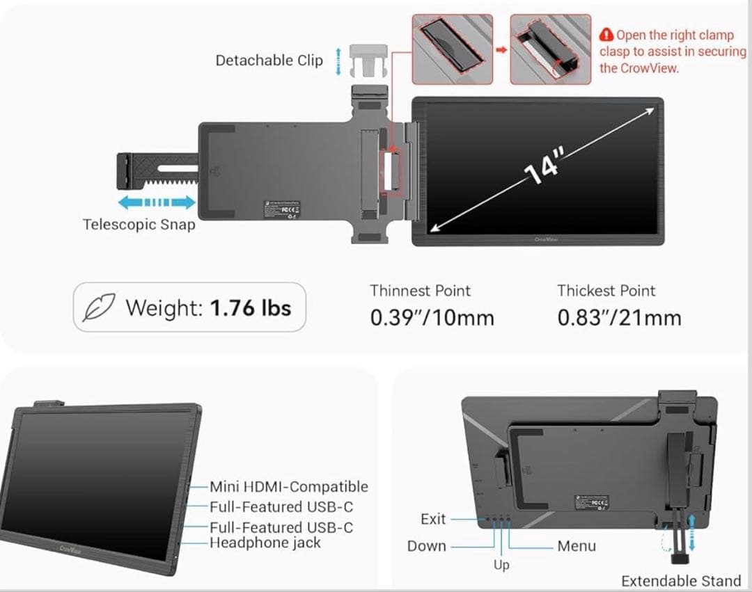 14インチ ノートPC用 拡張モニター ポータブルディスプレイ CrowView