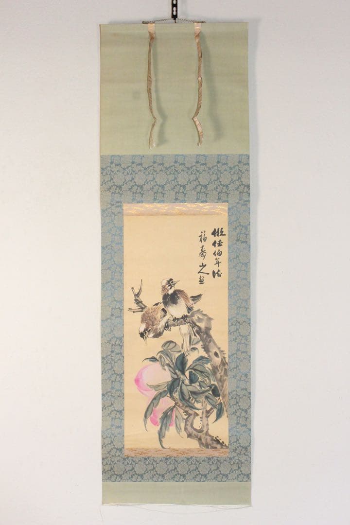 No4490 掛軸　在銘　福寿山人　花鳥画賛　着色紙本　中国画　墨彩　送料無料