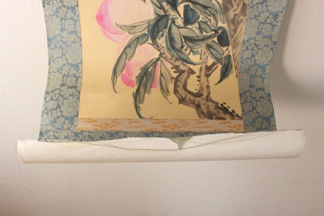 No4490 掛軸　在銘　福寿山人　花鳥画賛　着色紙本　中国画　墨彩　送料無料