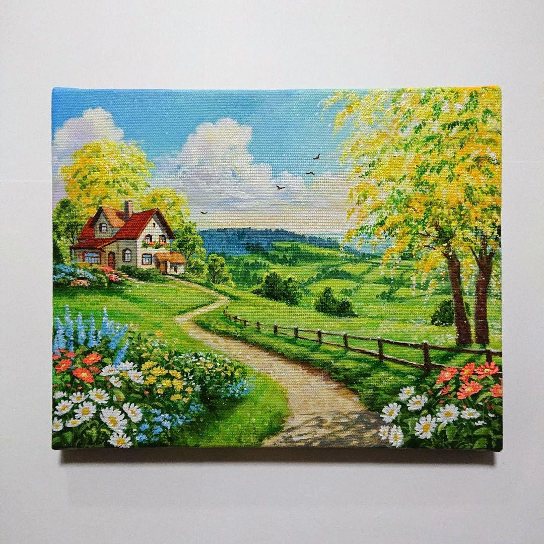 【ミモザの丘】アクリル画 F3 風景画 絵画