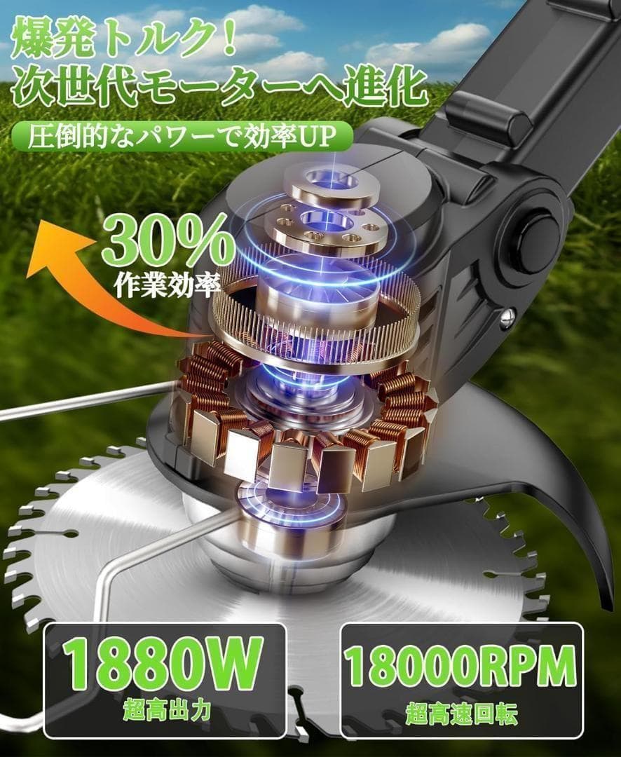 草刈り機 充電式草刈り機 1880W高功率 2000mAh アウトドア