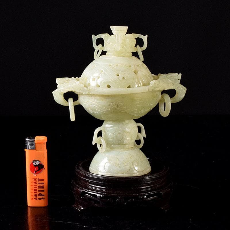 中国　玉石彫刻　雙耳活環　龍鈕蓋爐　塔香炉　唐木台付　7654C