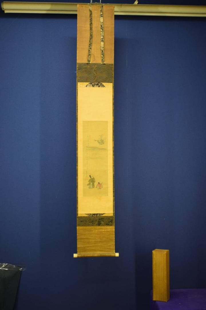 真作/細竹/山水人物画賛/須磨/明石/時代表装/布袋屋掛軸HH-546