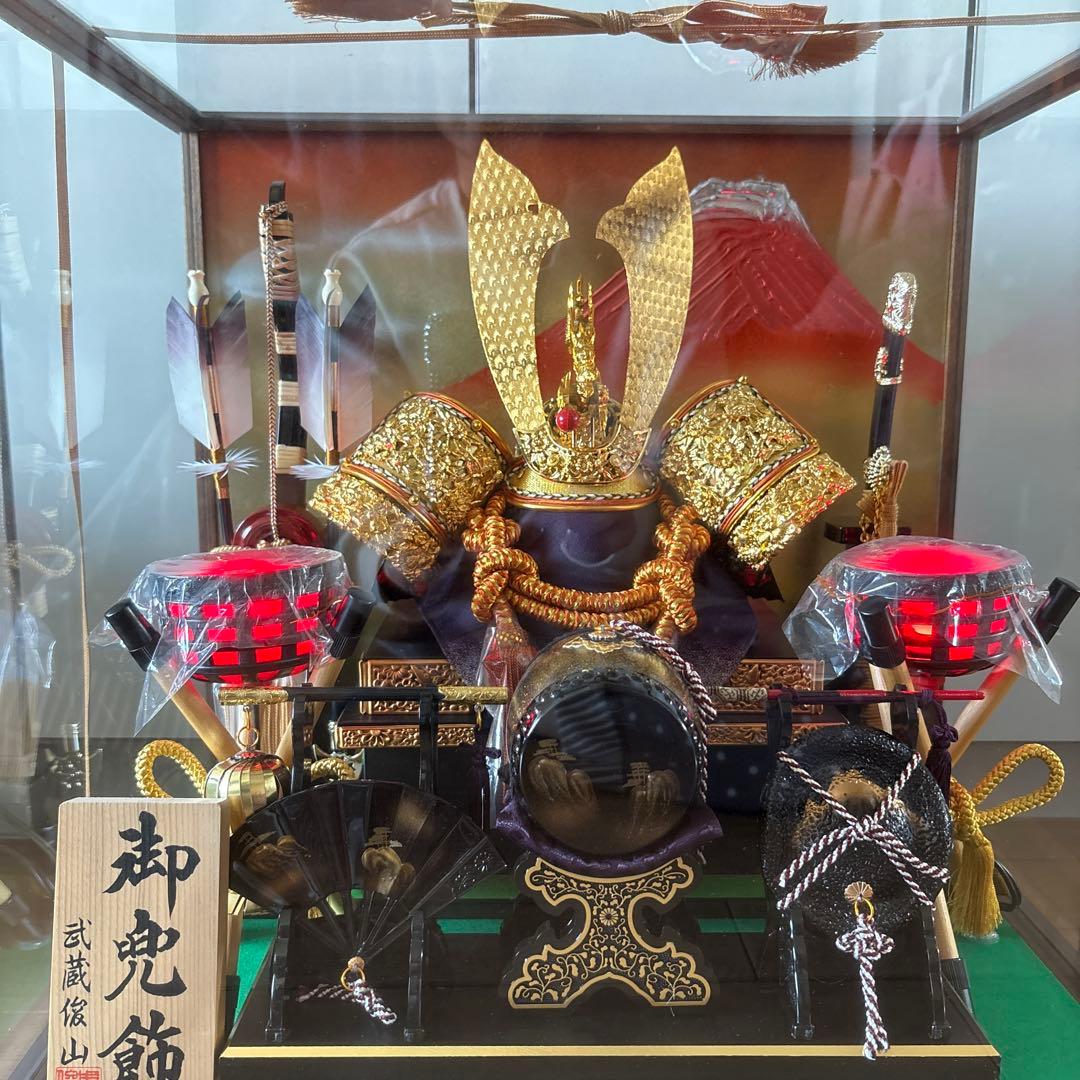【美品】五月人形 兜 兜飾りガラスケース付き オルゴール付き　12号　端午節句