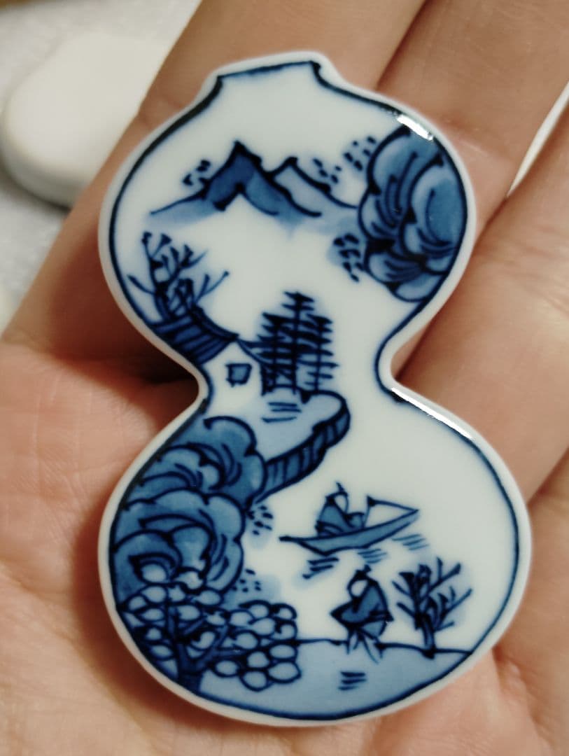 未使用　有田焼　源右衛門　箸置き　染付　山水人　瓢箪　箸置　箸置5客　共箱