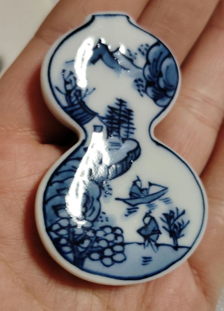 未使用　有田焼　源右衛門　箸置き　染付　山水人　瓢箪　箸置　箸置5客　共箱