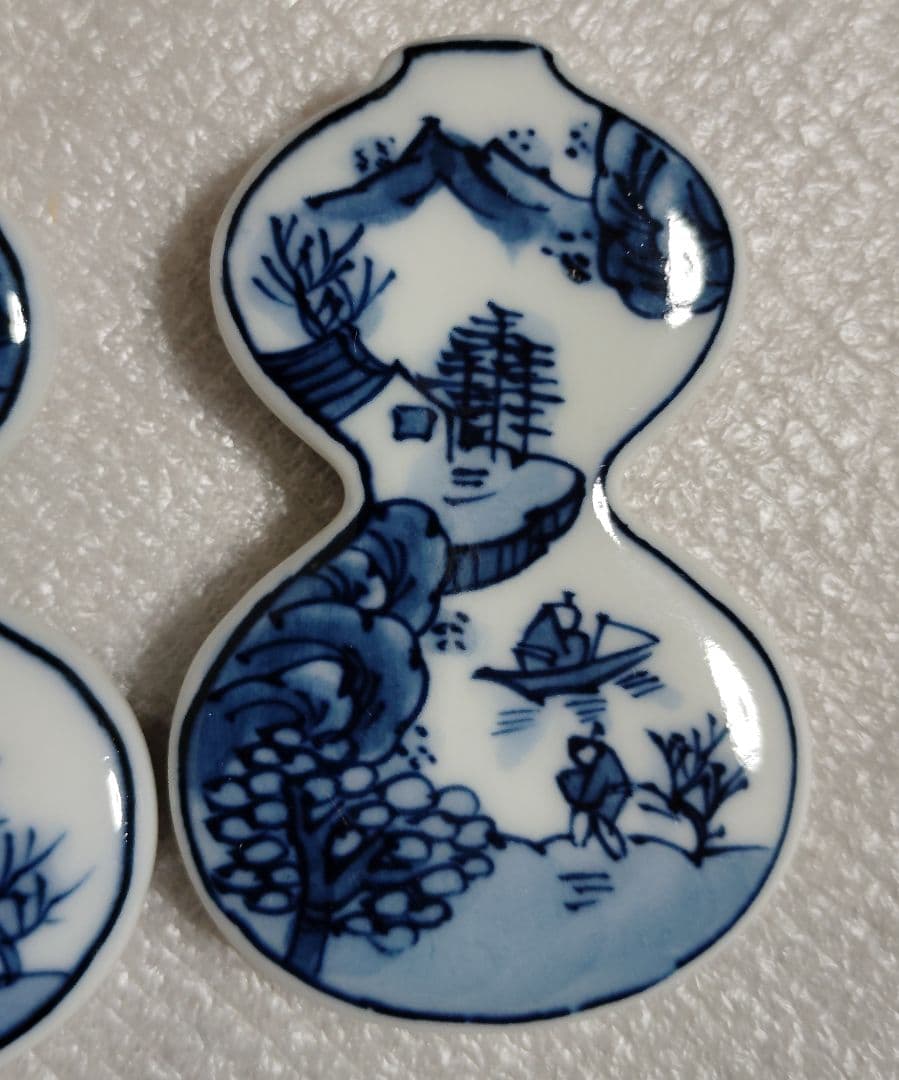 未使用　有田焼　源右衛門　箸置き　染付　山水人　瓢箪　箸置　箸置5客　共箱