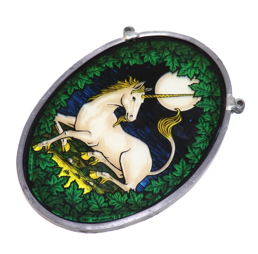 満月の夜に佇むユニコーン ヴィンテージステンドグラス タペストリー ティファニー