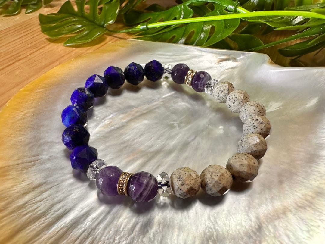 天然石ラピスラズリと北投石とアメジストのブレスレット１５センチ