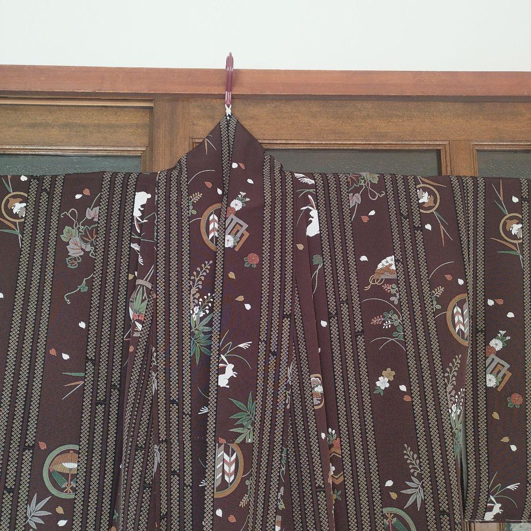 正絹 小紋 着物 茶色 縦縞 古典花柄 上品 レトロ 美品