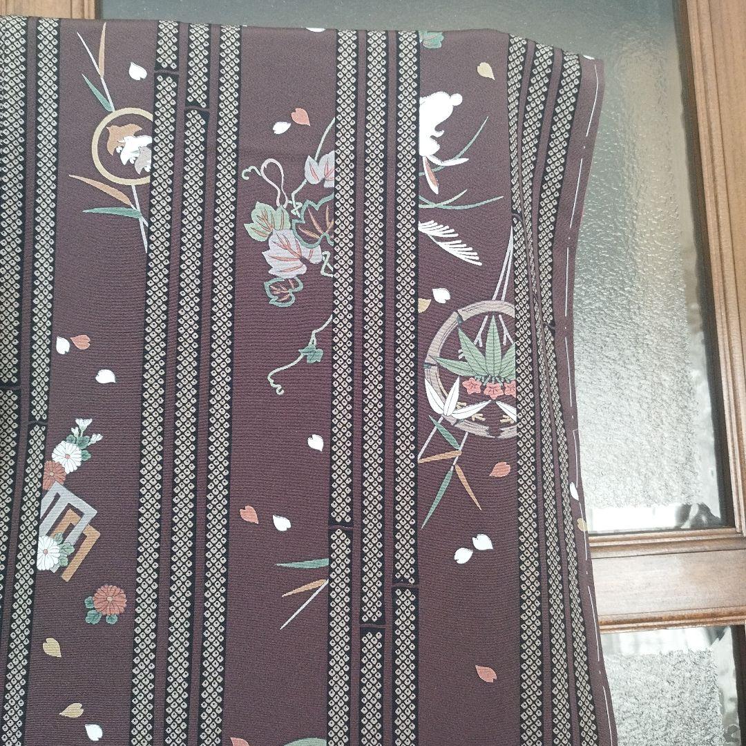正絹 小紋 着物 茶色 縦縞 古典花柄 上品 レトロ 美品