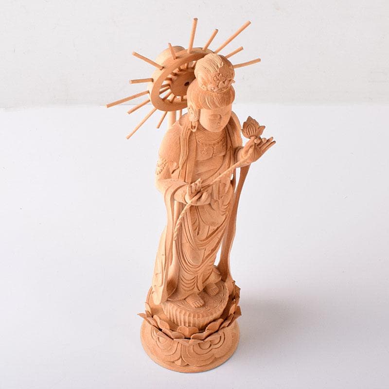 仏教美術　木彫　観音菩薩像　仏像　置物　木箱付　C　7604C
