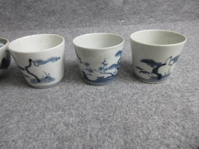 古伊万里染付蓋茶碗2個と蕎麦猪口3個 [B28765]