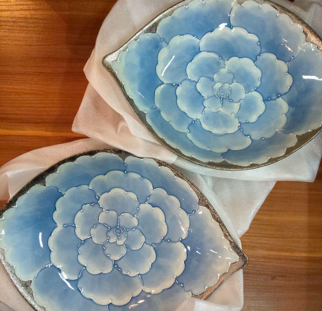 未使用品 有田焼 文山窯 プラチナ牡丹 銀彩 鉢 2枚 カレー皿 深皿