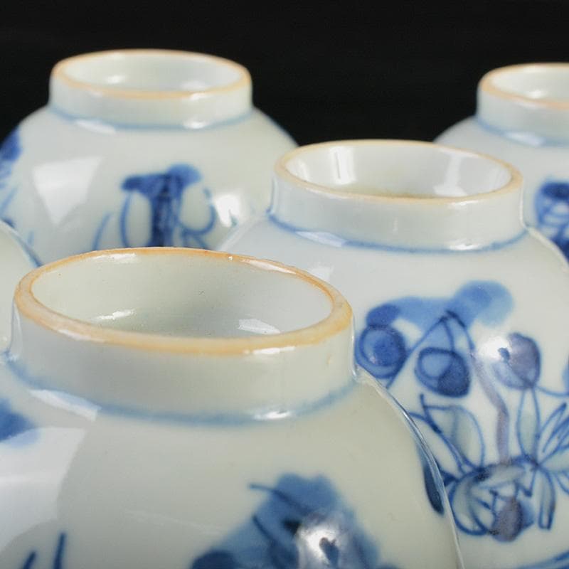 煎茶道具　康煕年製款　青花蓮花文　透蛍手煎茶碗　六客　H　R7457
