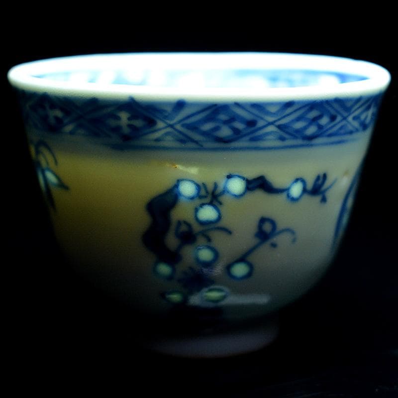 煎茶道具　康煕年製款　青花蓮花文　透蛍手煎茶碗　六客　H　R7457