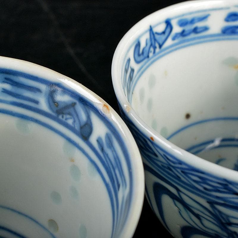 煎茶道具　康煕年製款　青花蓮花文　透蛍手煎茶碗　六客　H　R7457