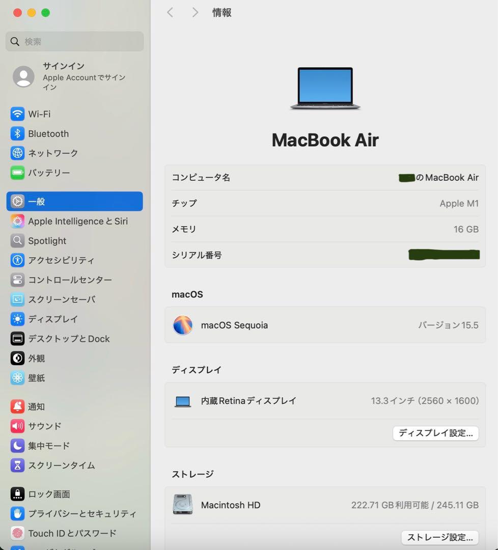 MacBook本体 Apple MacBook Air M1 16GB / 256GB