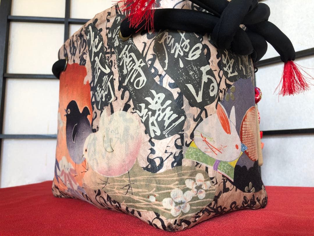 一閑張り　一閑張りバック　古布　　 犬張子　狛犬　張子犬　正絹古布