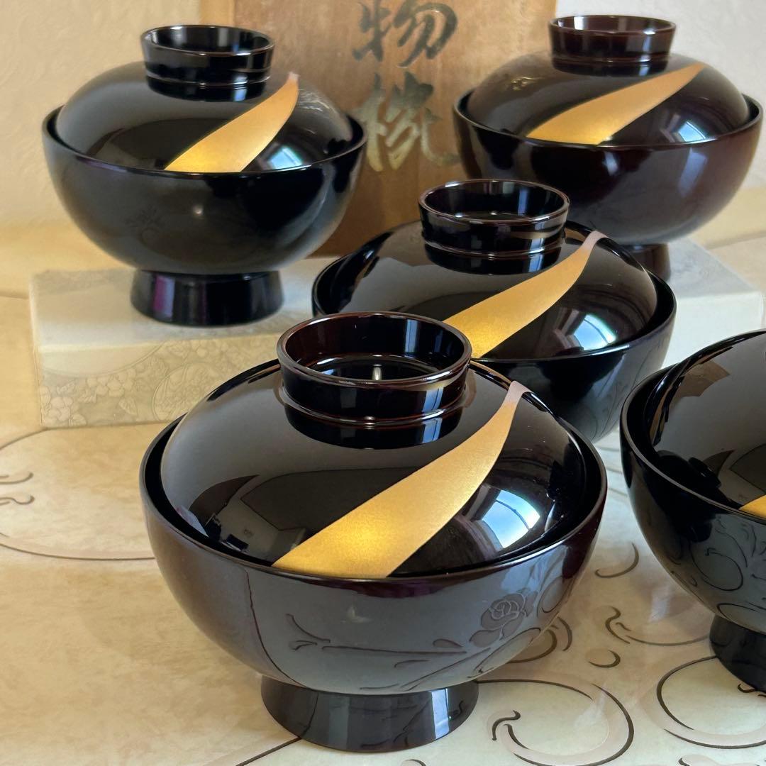 会津塗　乙造作　蓋付き御吸物椀揃　5客セット　金彩　汁椀　お吸物椀　雑煮椀　お椀