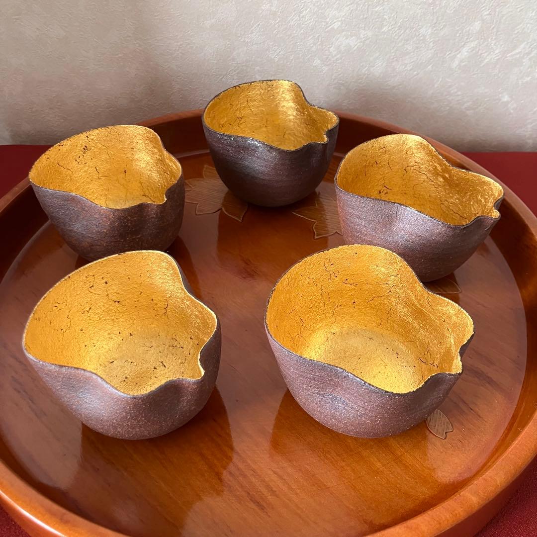 音羽山窯 小器 ミニ小鉢 ５客 瓢箪 金箔