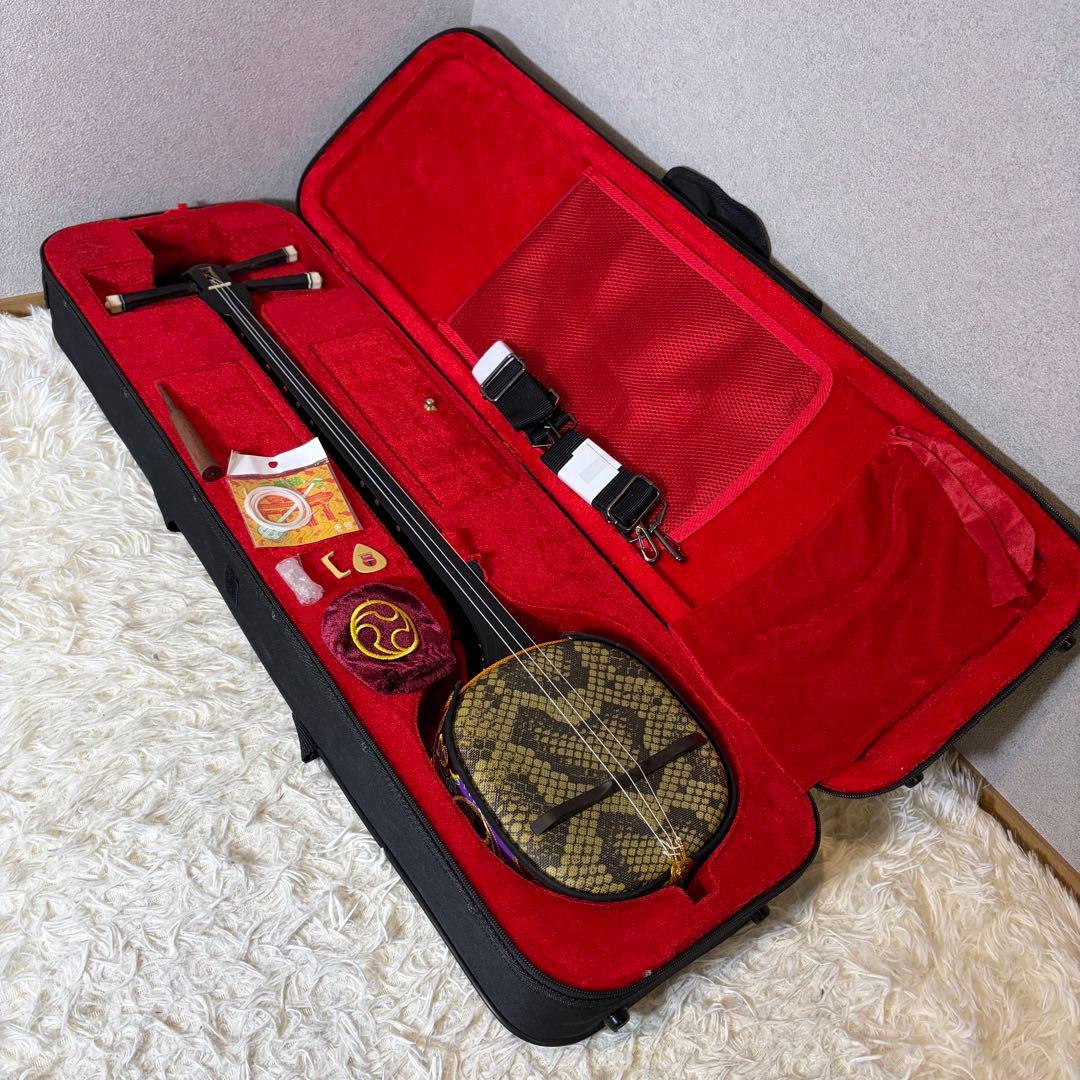 【極美品】沖縄三線　真壁型 合皮 人工皮 セミハードケース付 付属品多数