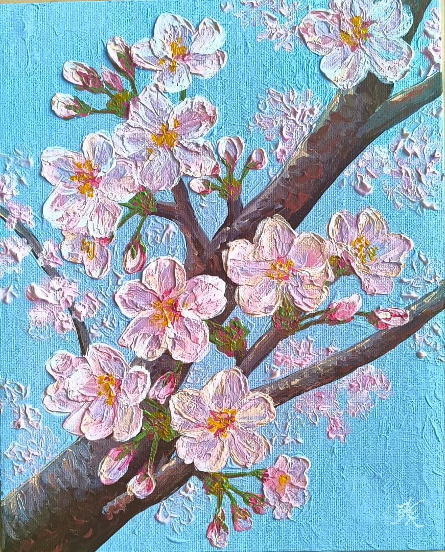桜の絵 原画 画家の絵 アクリル絵の具 キャンバス オリジナル 花の絵 油絵風