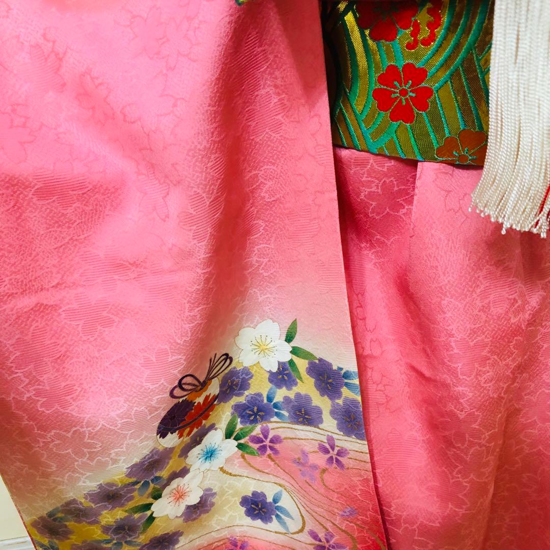 七五三7歳正絹‼️人気ピンク暈し手毬花々煌びやか際立つ⭐︎安心フルセット銘品