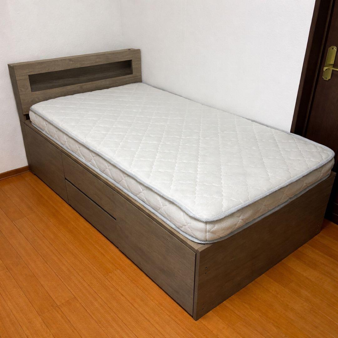 【引取限定】RASIK収納ベッドフレーム照明付きタイプグレージュ(ショート丈)