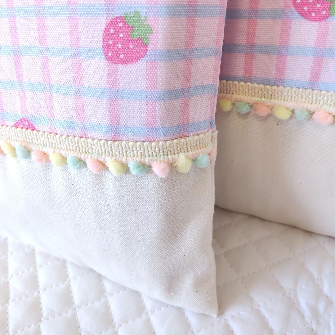 入園入学♡いちごミルク柄♡レッスンバック３点セット♡ラメカラフルポンポンレ―ス